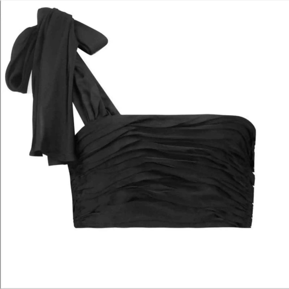 NWT cinq a sept Amora One Shoulder Gathered Black Crop Blouse Size 6